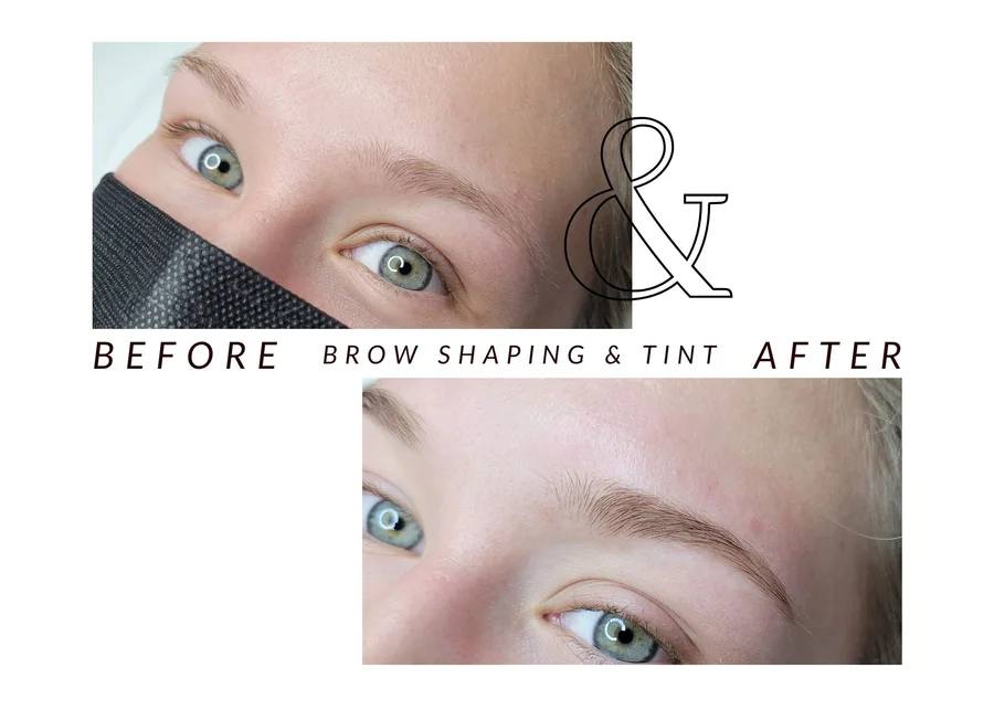WMC client before and after brow shaping and tint, showing the brow area