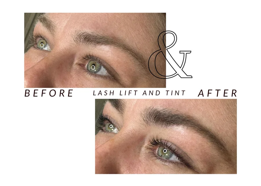 WMC client before and after a lash lift and tint, showing lashes around an eye