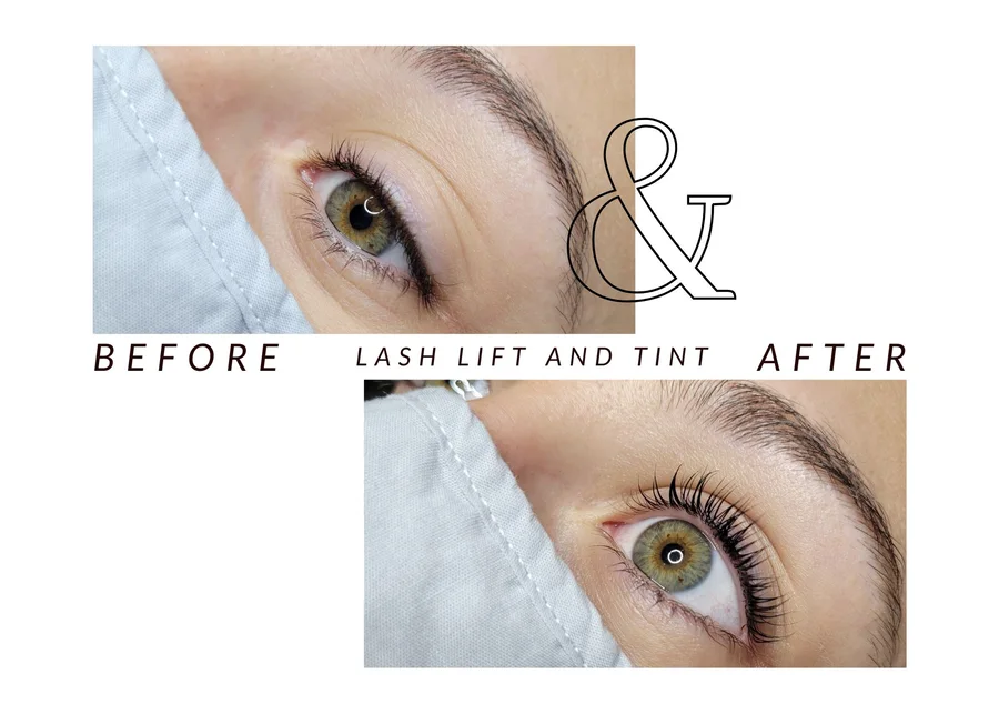 WMC client before and after a lash lift and tint, showing lashes around an eye